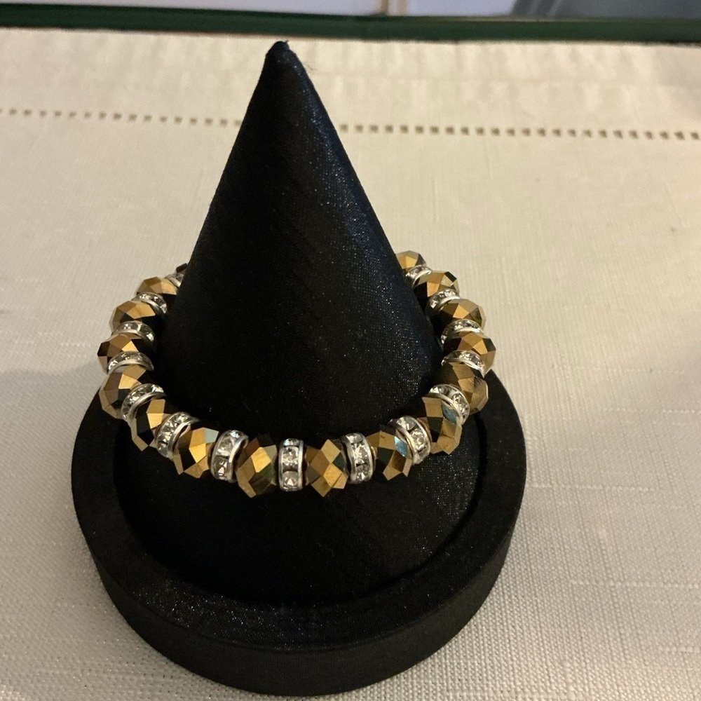 Metallic Glass Gold Tone Rhinestone Silver Tone Stretch Bracelet